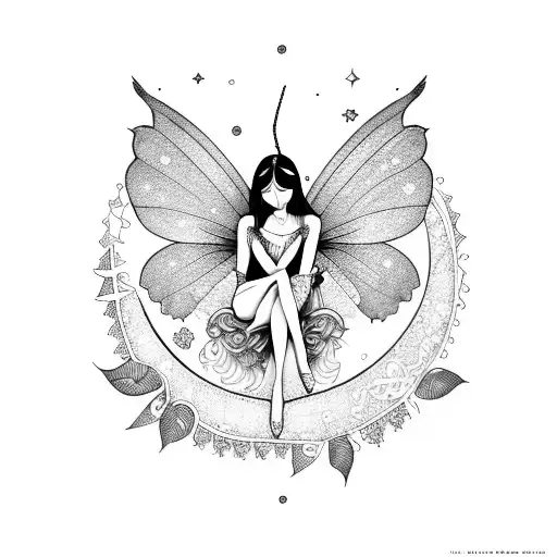 A Mystical Fairy Sitting On A Crescent Moon Surrounded By Delicate Lace And Jewelry