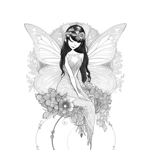 A Happy Mystical Fairy Sitting On Flowers Surrounded By Delicate Lace And Jewelry