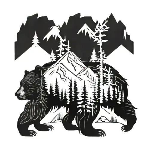 Black Bear And Woods With Mountain Background