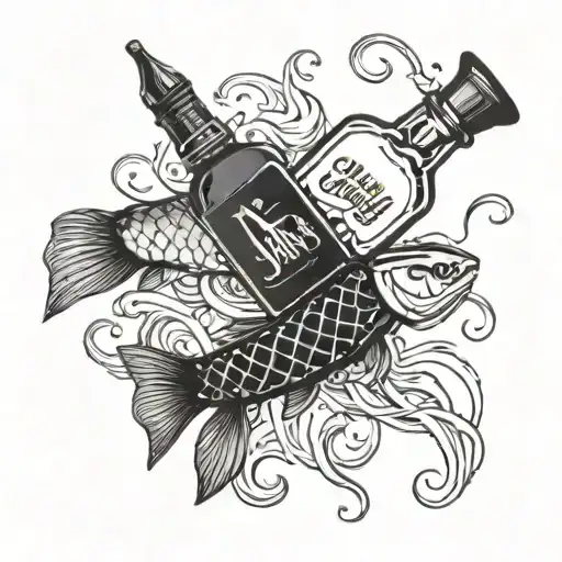 A Detailed Fishing Lure Intertwined With A Bourbon Bottle