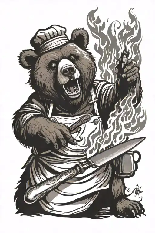 Chef Bear Holding Flaming Pan And Knife With Cigaratte In His Mouth