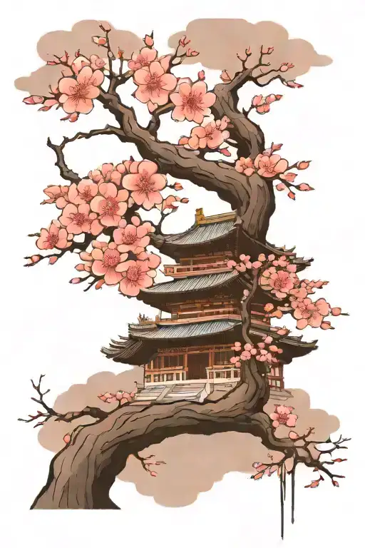 Cherry Blossom Tree With A Korean Temple And Mountains