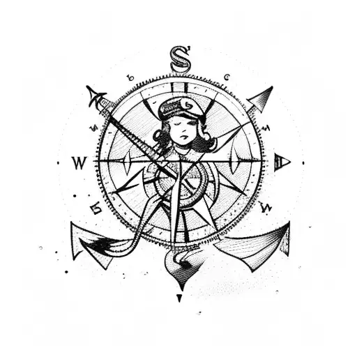 An Old School Sailor Girl Figure With A Nautical Compass And Anchor