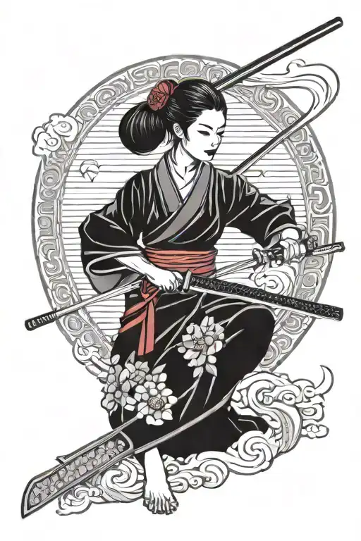 Asian Woman With Katana And Kimono