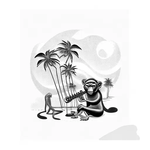A Musician Playing Their Instrument On A Sunny Beach With Palm Trees And Monkeys In The Background