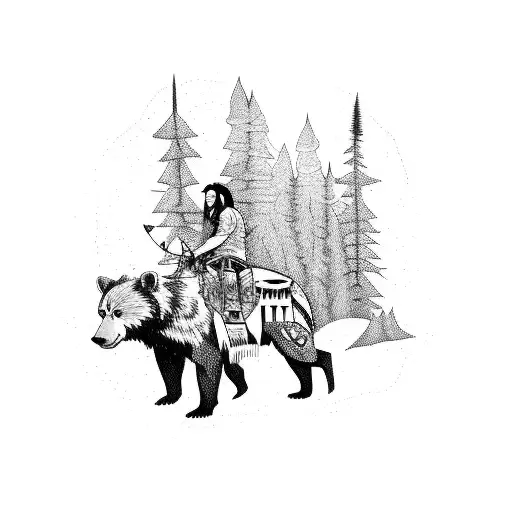 Native American Cowboy Riding A Bear Through A Forest