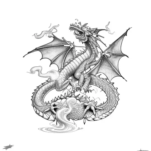 A Dragon Breathing Fire While A Fighter Does Push-ups On Its Back