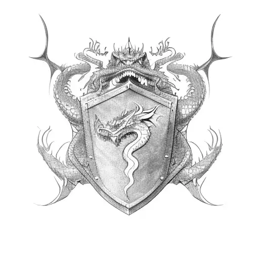 Dragon Wrapped Around A Shield With A Knight's Helmet On Top