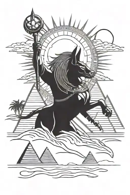 Anubis God With Pyramids Underneath And Sun Setting With Sand Blowing In The Wind