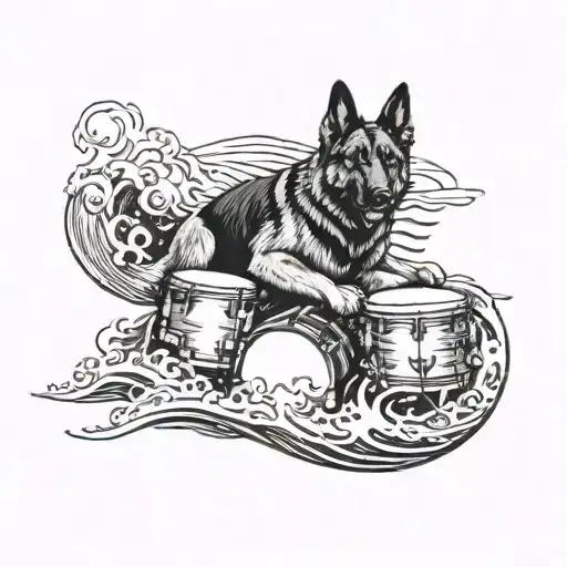An Intricate Design Of A German Shepherd Playing The Drums On A Rough Ocean Waves Background