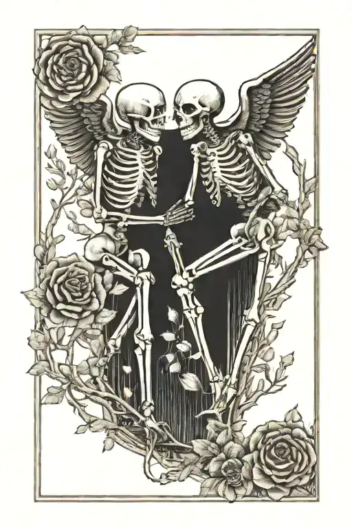 The Lovers Tarot Card But With Skeletons Holding Hands