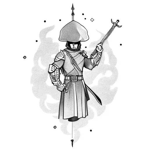 Soldier With Cape And A Sword Raised To The Sky With Sword Raised To Sky And Cape On Mountain