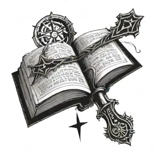 Open Book Facing Up With Upside Down Cross On The Left Side And A Eye On The Right Side