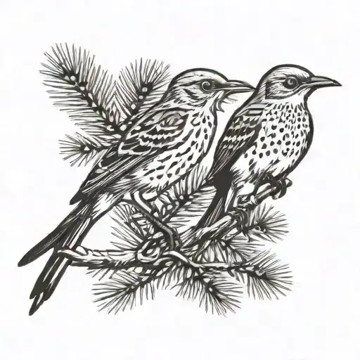 Brown Thrasher And Scissor-tailed Fly Catcher Perched Together On A Pine Tree Branch