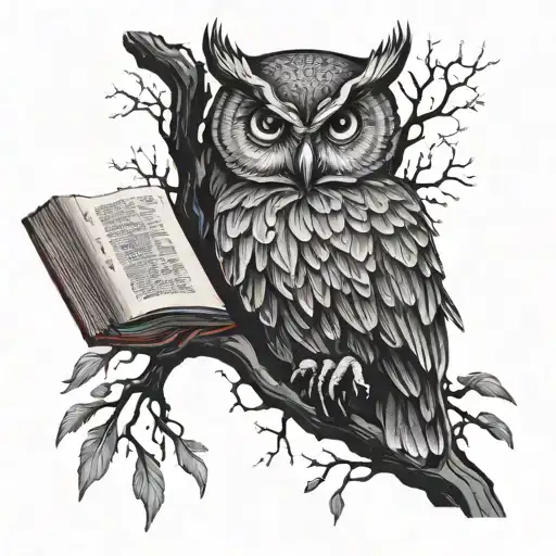 Owl Holding A Bloody Book Of Poems In Its Claws Perched On A Black Tree Of Bleeding Feathers