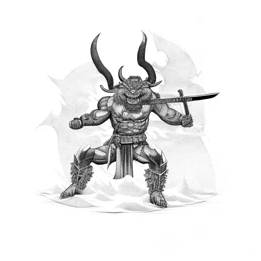 Oni Demon In Battle Position With Katana Sword In His Hands