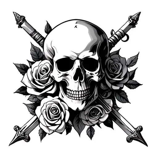 Skull And Roses With Swords