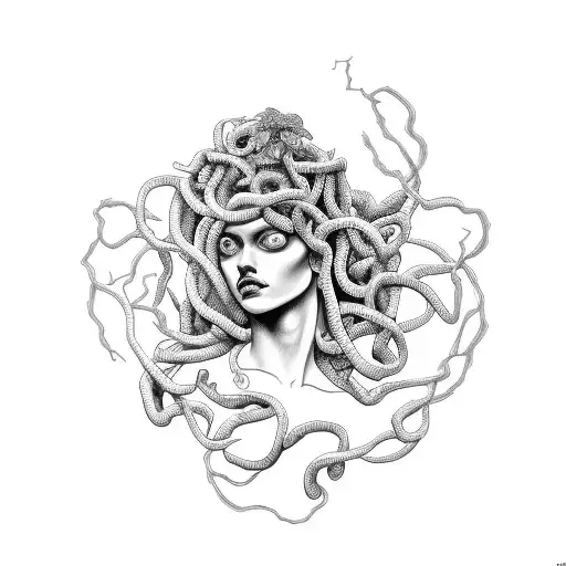 Medusa With Blue And Green Eyes Entangled In Vines