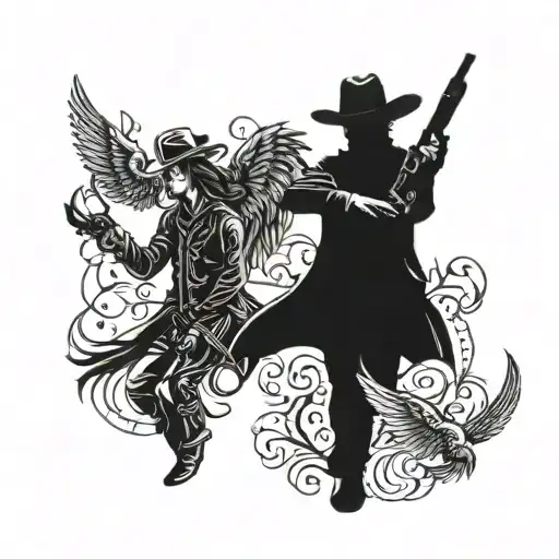 A Cowboy And Angels Symbols Matching Couples Tattoo On Wrists With