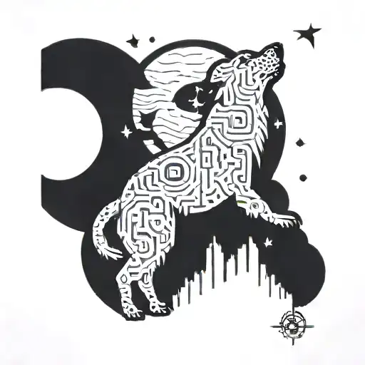A Dog Howling At The Moon Surrounded By Engineering Symbols