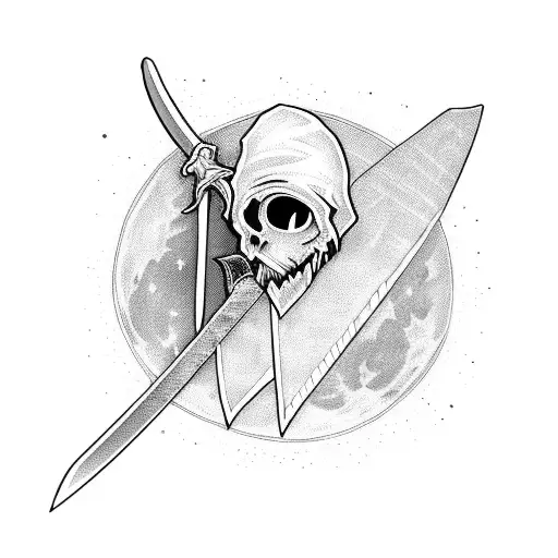 Sword With Loose Rags Hanging From The Hilt Overlayed On A Full Moon