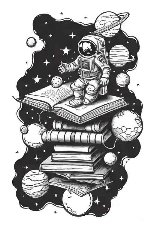 A Stack Of Books With An Astronaut Floating Among The Planets