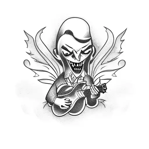 A Blackwork Tattoo Of A Vampire Playing A Guitar