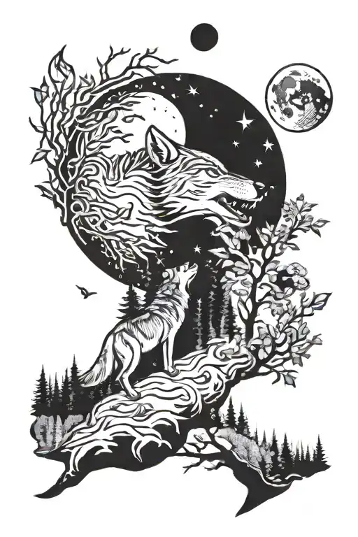 Woods With Wolves Howling At The Moon