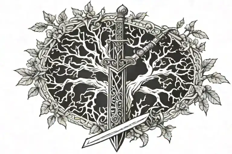 A Sword With A Crown Wrapped Around The Trunk Of A Tree Of Life
