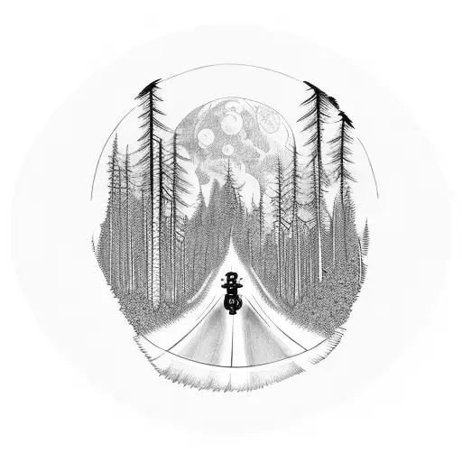 A Panoramic View Of A Motorcycle Journeying Through A Moonlit Forest