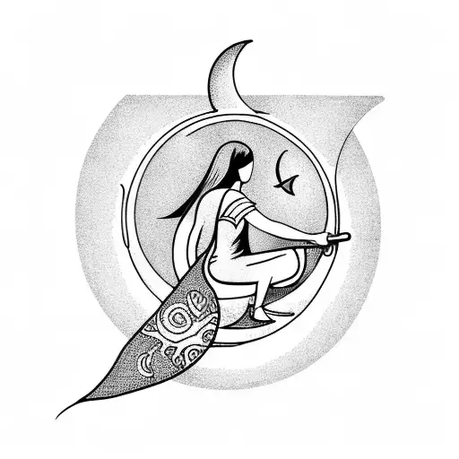 Girl Sitting On Crescent Moon Fishing For Saturn