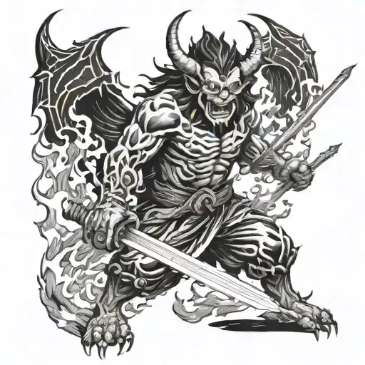 A Japanese Demon Wielding A Blade Surrounded By Flames