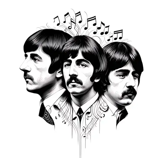 A Surrealistic Portrait Of The Beatles Members Intertwined With Musical Notes And Instruments