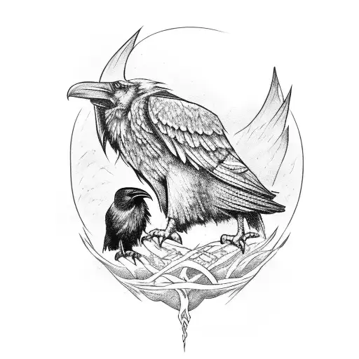 Ravens Huginn And Muninn Perched On Yggdrasil