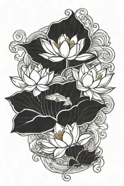 Lotus Flower With Coy Fish Swimming Upstream