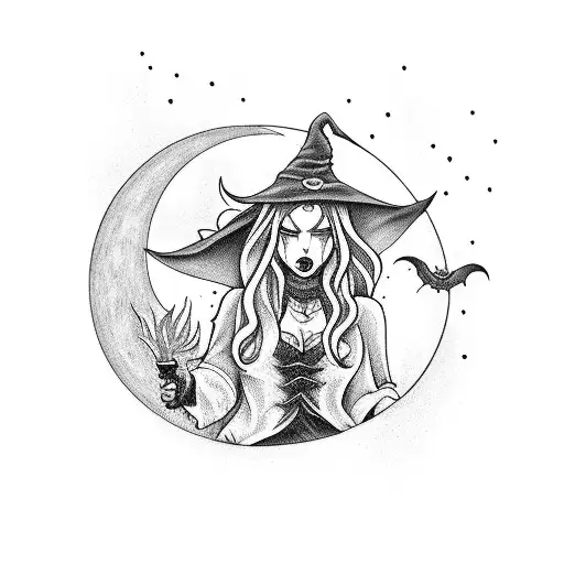 Witch With A Scimithar Under The Moon With The Wolf