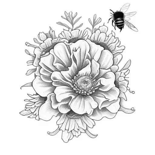 Marigold Flower And Aster Flower And Sweet Pea Flowers In A Bouquet With A Little Bee