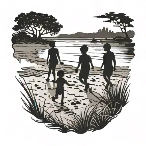 A Beach Landscape With A Silhouette Of Three Children Playing In The Sand