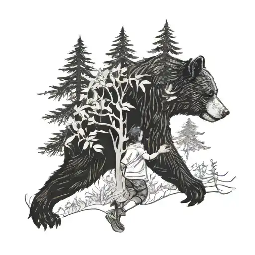 A Boy Being Protected By A Bear In A Mystical Forest