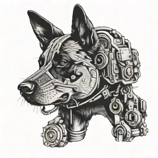 A Blackwork Tattoo Of A Dog Wearing Military Gear
