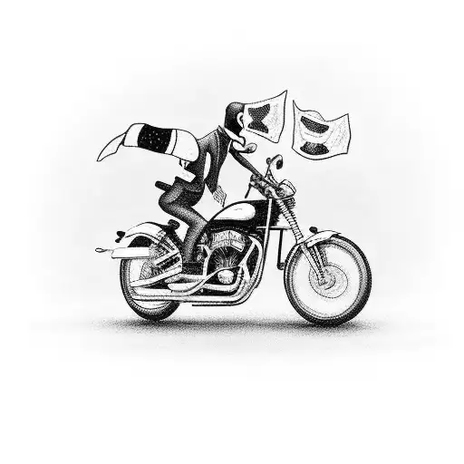 A Robber Riding A Motorcycle With Bags Of Money Flying Behind