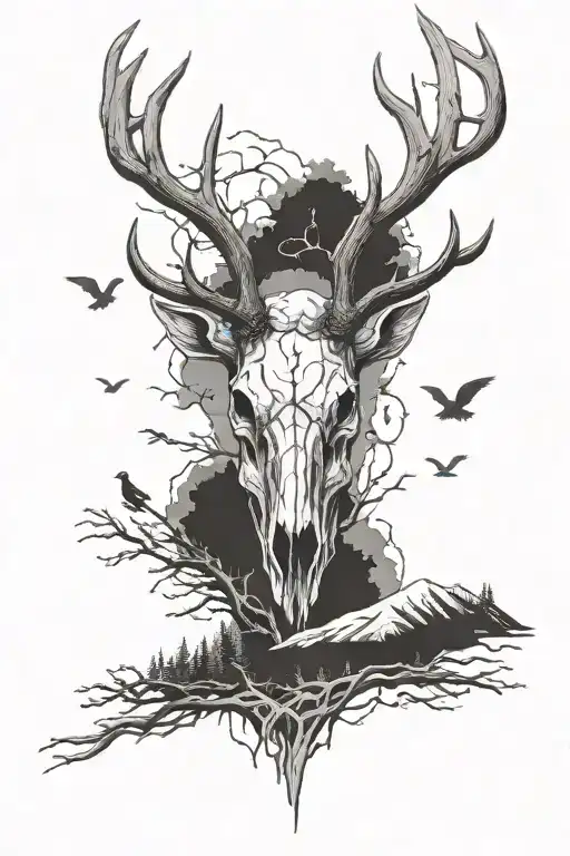 Elk Skull With Geese Flying