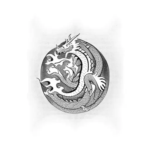 Compose A Blackwork Tattoo Featuring A Dragon Surrounded By Symbols Of Mythology
