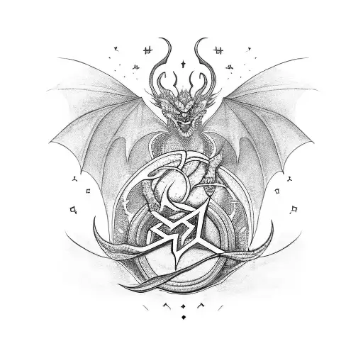 Compose A Blackwork Tattoo Featuring A Dragon Surrounded By Symbols Of Mythology