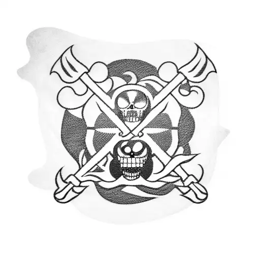 A Blackwork Tattoo Of The One Piece Pirate Flag With Waves Crashing In The Background