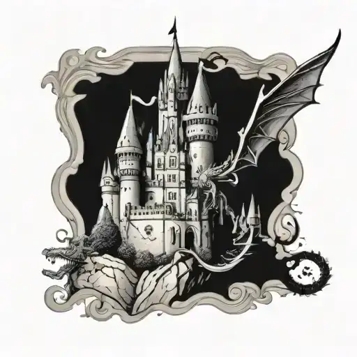 A Majestic Castle With A Dragon Flying Overhead