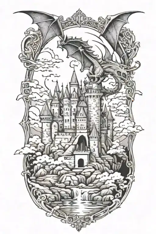 A Majestic Castle With A Dragon Flying Overhead