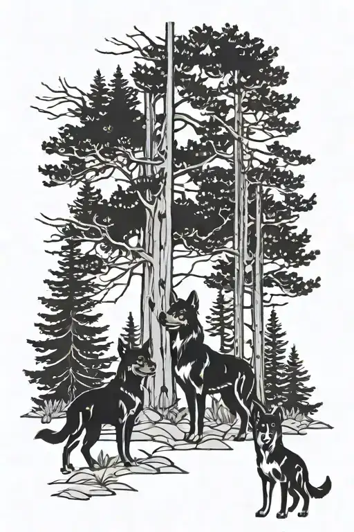 Pine Forest W Dogs Standing Guard
