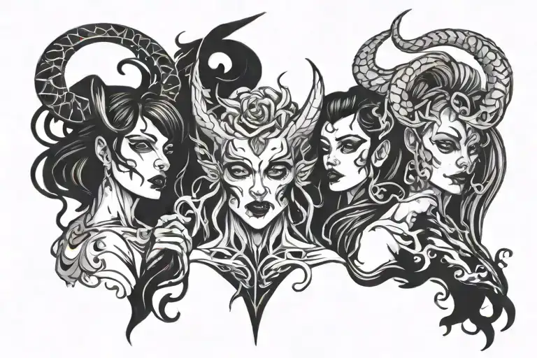 Demon They And Two Girls Dark Tattoo Style