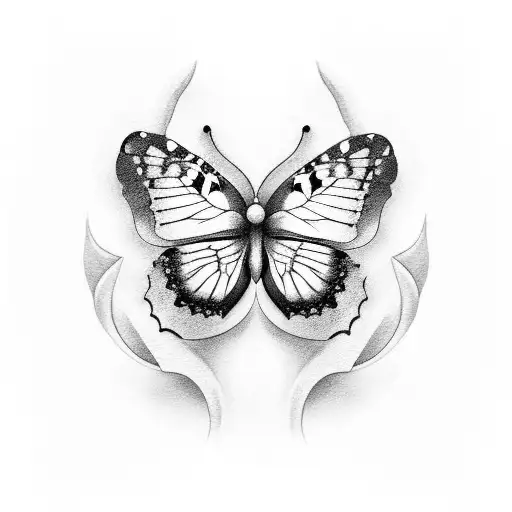 Butterfly On A Flower Lily Looking Up At A Crescent Moon